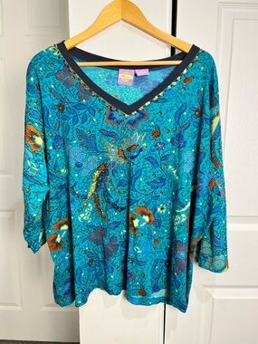 Vintage CM Shapes Peacock Shirt 3/4th Sleeves Bling Sequins Artsy Vacation 2X